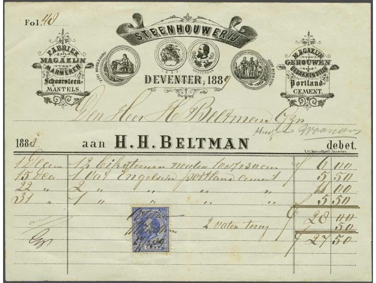 5 cent blauw (onder links mist tand) gebruikt als fiscaalzegel met geschreven Voldaan H.H. Beltman 27/3 89 op geïllustreerde 
