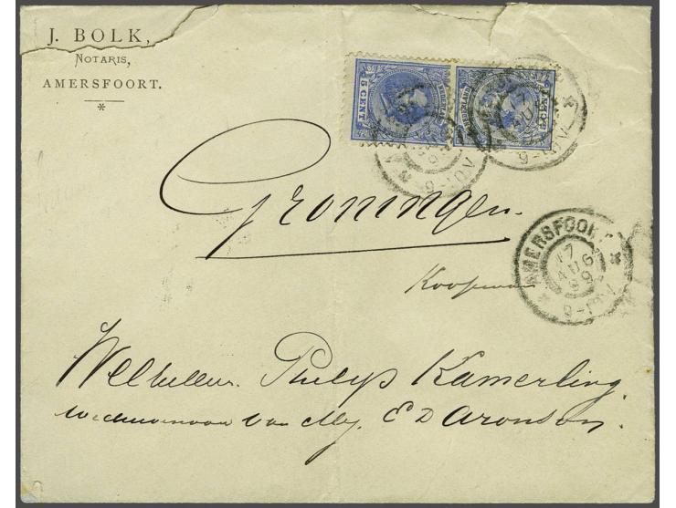 5 cent blauw tanding 11½ x 12 grote gaten en Hangend Haar 5 cent blauw op envelop van Amersfoort 17-8-1899 naar Groningen, pr