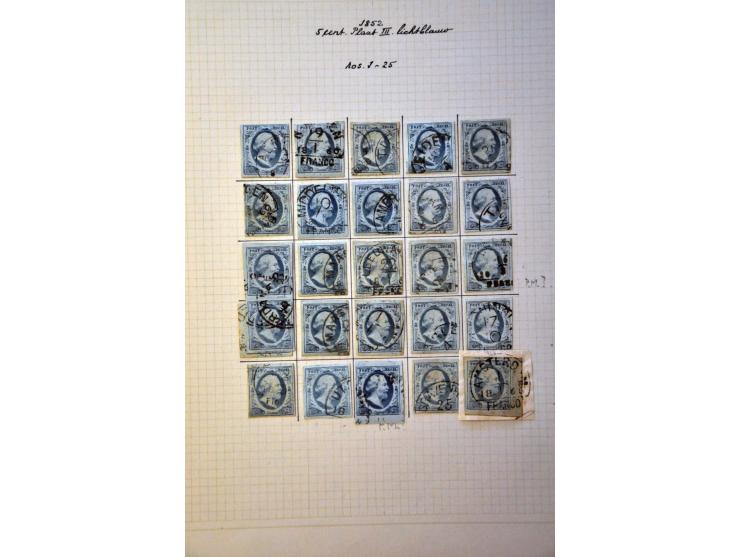 emissie 1852, overcomplete plaatreconstructie van de 5 cent lichtblauw plaat III nr. 1k w.b. halfrond-francostempels en 4 paa