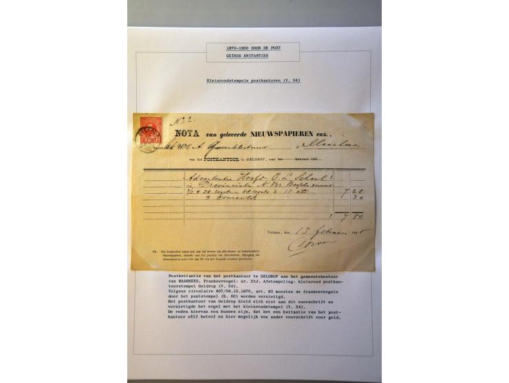 5 postkwitanties 1880-1889 emissie 1872 frankering, resp. 19 in paar met kleinrond Geldrop, 19 (2x) met kleinrond Schagen, 21