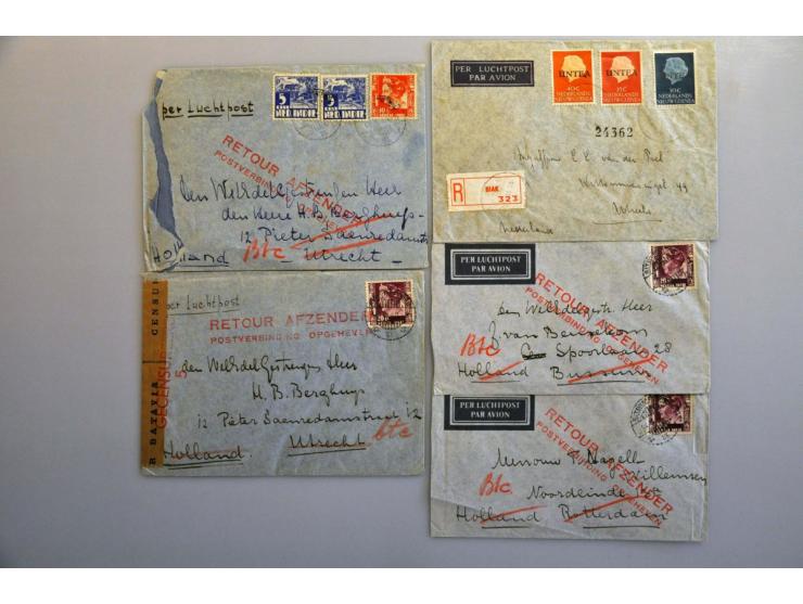 48 luchtpoststukken naar Nederland (veel Sneek) w.b. 2x rood retour afzender/ postverbinding opgeheven resp. 6 en 14 mei, kor