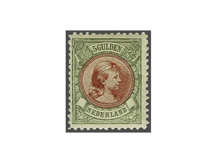 5 gulden bronsgroen en roodbruin, fraai ex. (links deskundig tandje aangezet) overigens fris zegel, cat.w. (1000)