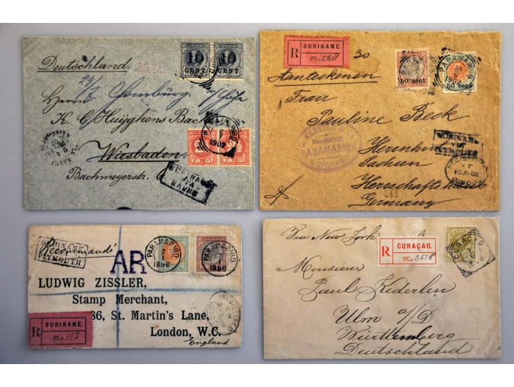 en Suriname, 6 betere poststukken meest met emissie 1873 w.b. Suriname nr. 6 in paar op envelop naar Hilvarenbeek (certificaa