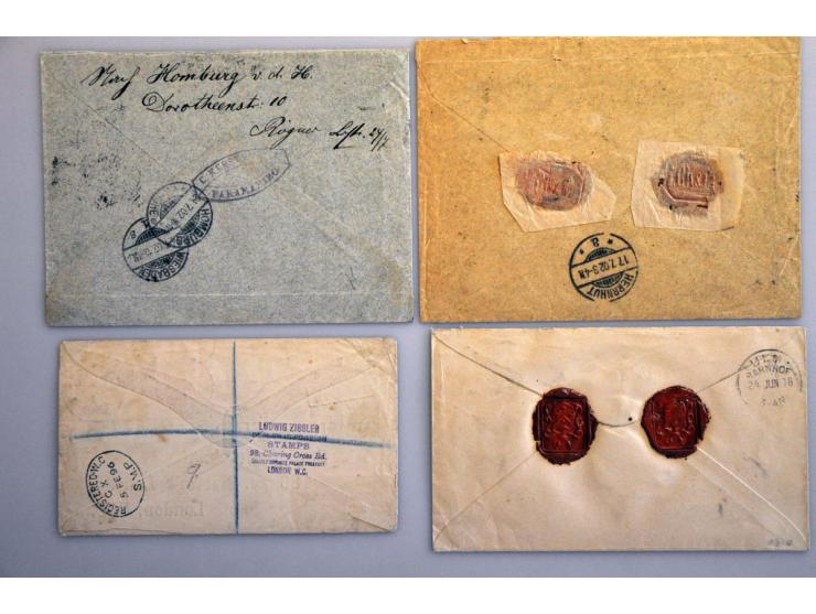 en Suriname, 6 betere poststukken meest met emissie 1873 w.b. Suriname nr. 6 in paar op envelop naar Hilvarenbeek (certificaa