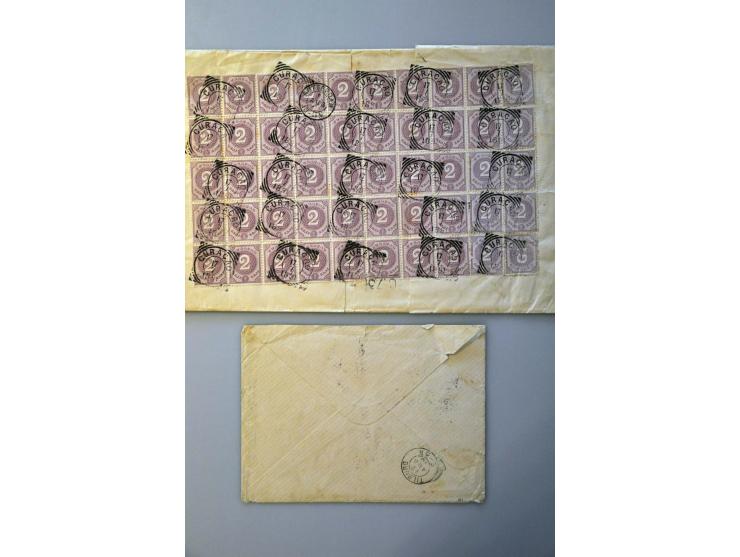 en Suriname, 6 betere poststukken meest met emissie 1873 w.b. Suriname nr. 6 in paar op envelop naar Hilvarenbeek (certificaa