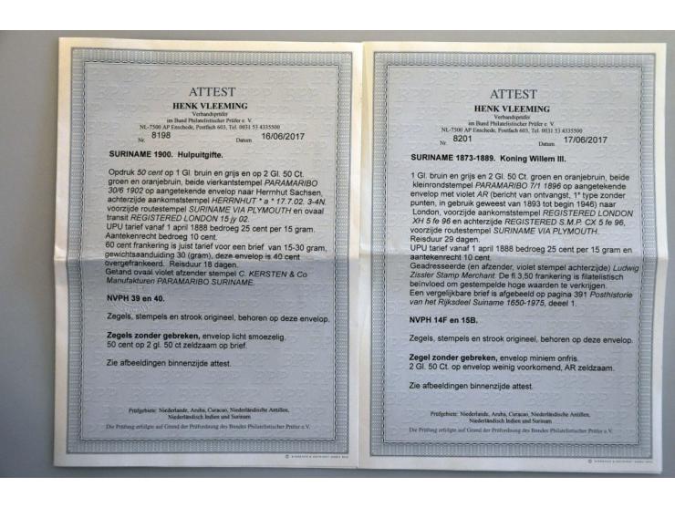 en Suriname, 6 betere poststukken meest met emissie 1873 w.b. Suriname nr. 6 in paar op envelop naar Hilvarenbeek (certificaa
