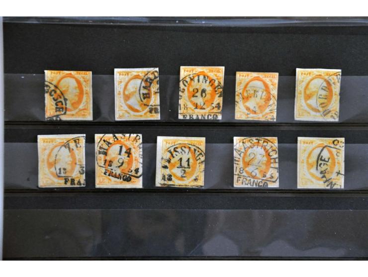emissie 1852 halfrond-francostempels, nrs. 1 (28x), 2, (17x w.b. Monnikendam C) en 3 (10x w.b. Harderwyk A) in deels gemengde