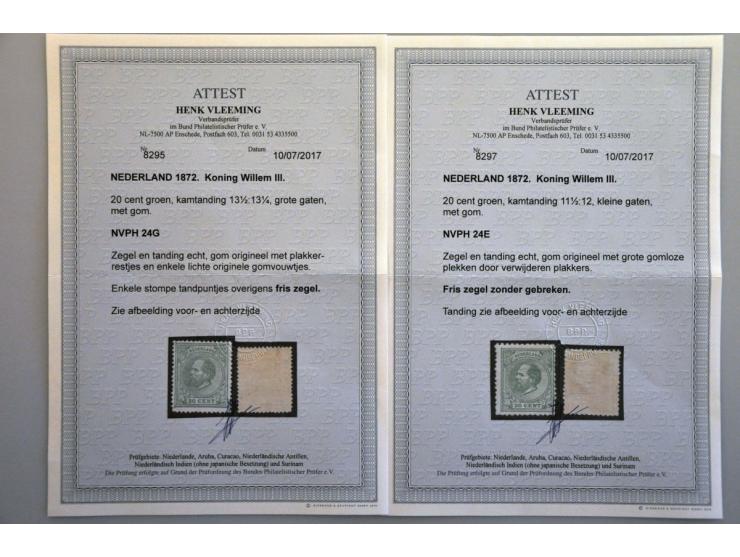 emissie 1872, nrs. 24E *, 24G *, 26J * en 27E (*), (vrijwel) pracht ex. alle met certificaat Vleeming