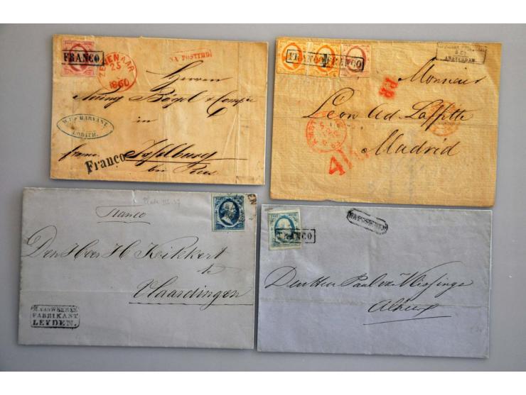 emissie 1852, 37 poststukken in gemengde kwaliteit w.b. 10 cent op vouwbrief Lobith-Isselburg 25-3-1860 (Grenstarief en proef