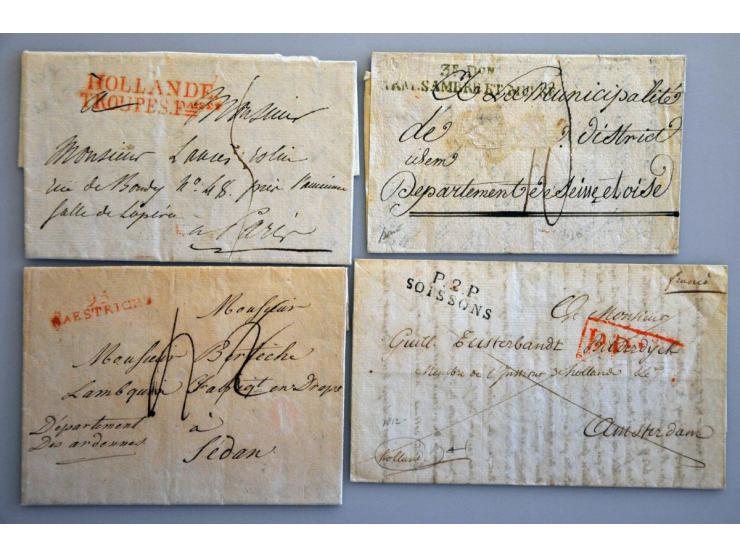 12 brieven 1795-1811 w.b. rood HOLLANDE TROUPES Faises, zwart 3e Don ARM SAMBRE ET MEUSE, zwart BOIS LE DUC (brief 1795),rood