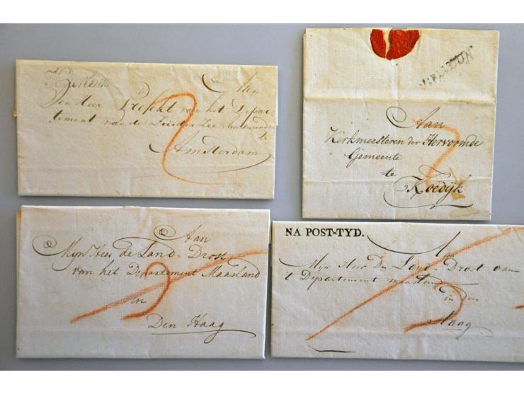 12 brieven 1795-1811 w.b. rood HOLLANDE TROUPES Faises, zwart 3e Don ARM SAMBRE ET MEUSE, zwart BOIS LE DUC (brief 1795),rood