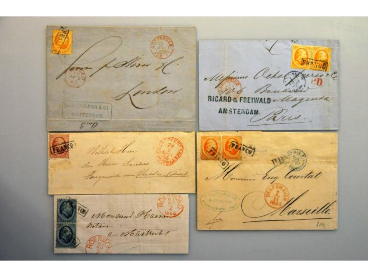 emissie 1864, 16 poststukken w.b. 1 ex. met paar nr. 6 naar Parijs