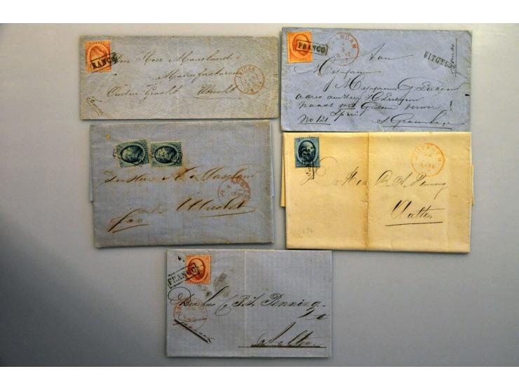 emissie 1864, 16 poststukken w.b. 1 ex. met paar nr. 6 naar Parijs