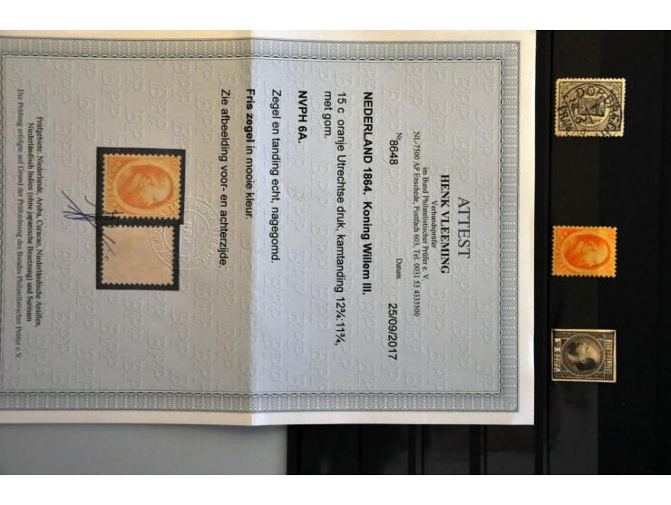 nr. 6 nagegomd met certificaat Vleeming 2017, nr. 6 op brief naar Londen, emissie 1867 proef op kartonpapier PC nr. 31 en nr.