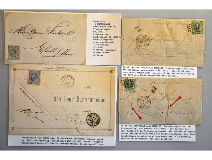 emissie 1872 post(waarde)stukken 19 meest betere ex. w.b. 24D op cholera brief naar Messina, puntstempels, langstempels, caou