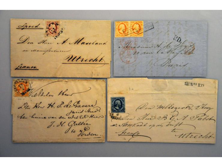 emissie 1852, 4 betere poststukken w.b. nr. 3 enkelfrankering Groningen-Vorden 19-8-1853 en nr. 3 in paartje op vouwbrief 17-