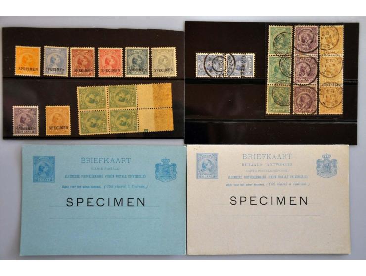 8 stuks uit 34-43 met SPECIMEN (*)/*, briefkaart 5 en 5+5 cent met SPECIMEN, PC116b in blok van 4 met velrand * (en blokje) e