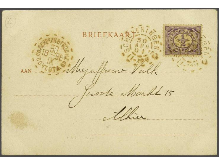 ½ cent lila met brandstempel Scheveningen 2 en Russisch proefstempel op lokale prentbriefkaart 30-4-1901, pracht ex. Uiterst 