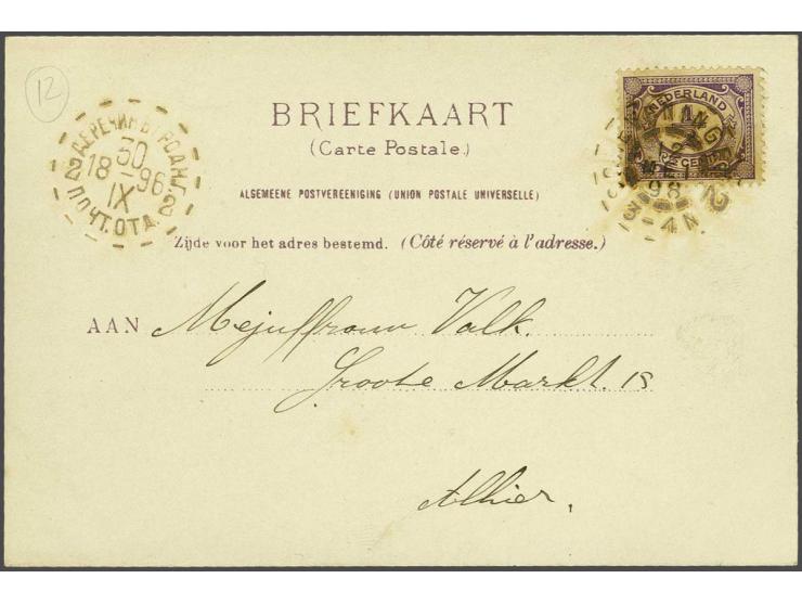 ½ cent lila met brandstempel Scheveningen 2 en Russisch proefstempel op lokale prentbriefkaart 12-5-1901, pracht ex. Uiterst 