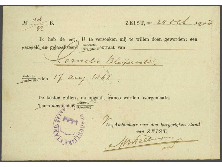 5 cent rood op dienstkaart met verzoek tot toezending van een geboorte-extract (waarvoor wel porto was verschuldigd) van Zeis