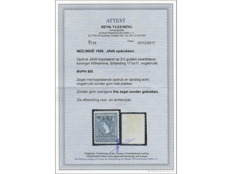 Java 2½ gulden zwartblauw tanding 11½ x 11 met variëteit kopstaande opdruk, pracht ex. zonder gom met certificaat Vleeming 20