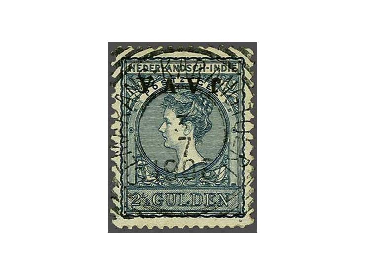 Java 2½ gulden zwartblauw met variëteit kopstaande opdruk met luxe vierkantstempel Samarang-Karangtoeri 3-7-1908, pracht ex. 