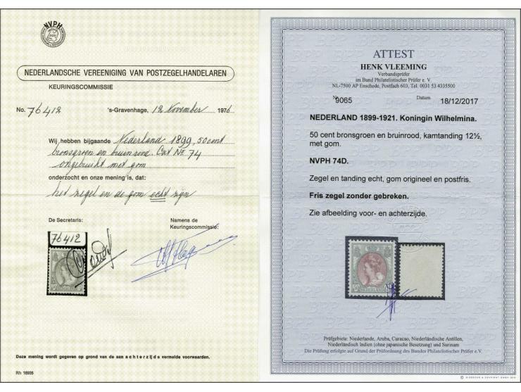 50 cent bronsgroen en bruinrood met certificaten NVPH 1976 en Vleeming 2017, cat.w. 550
