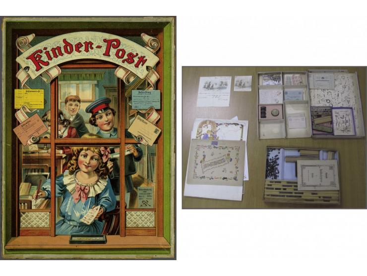 Postkantoorspel Kinder-Post uit ca. 1910 (?) met mini-postzegeltjes, briefkaartjes, stempeltje etc. (doosje iets beschadigd).