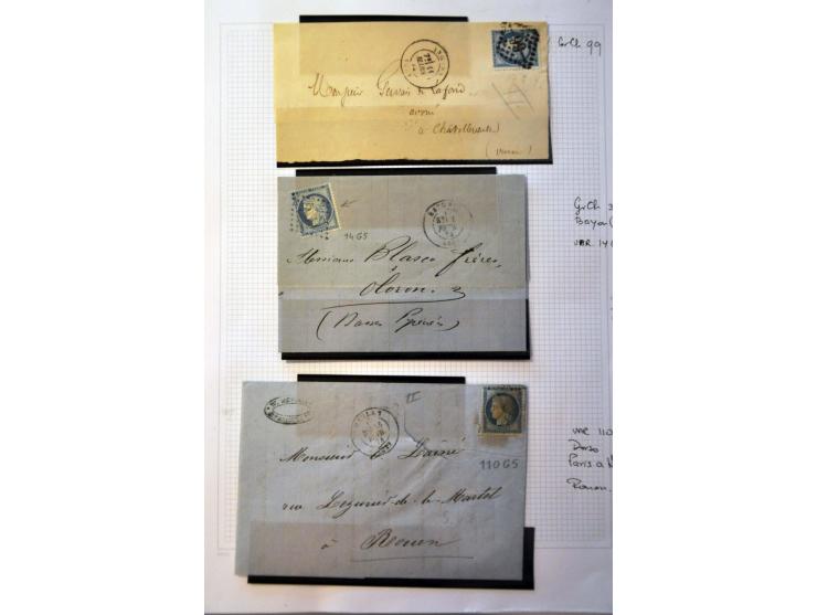 40 poststukken met 25 centimes Yv. nr. 60B (blauw driehoekje rechtsboven) w.b. plaatfouten en stempels op bladen