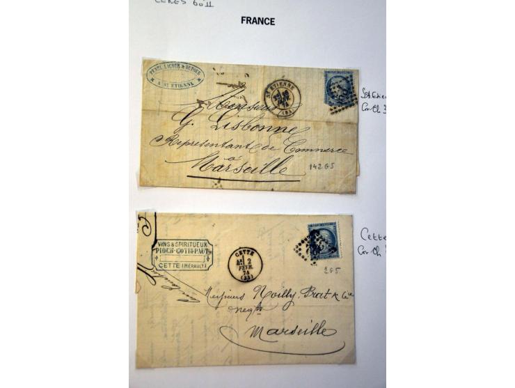 40 poststukken met 25 centimes Yv. nr. 60B (blauw driehoekje rechtsboven) w.b. plaatfouten en stempels op bladen