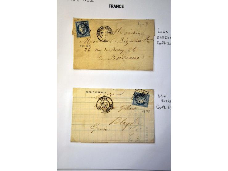 40 poststukken met 25 centimes Yv. nr. 60B (blauw driehoekje rechtsboven) w.b. plaatfouten en stempels op bladen