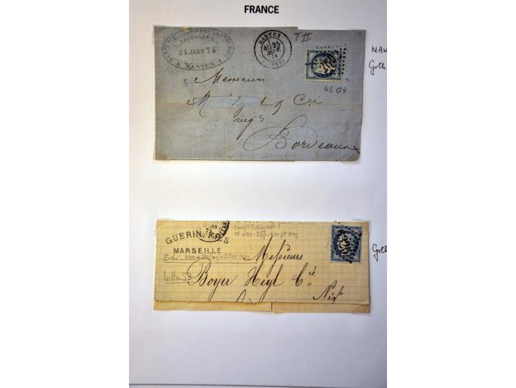 40 poststukken met 25 centimes Yv. nr. 60B (blauw driehoekje rechtsboven) w.b. plaatfouten en stempels op bladen