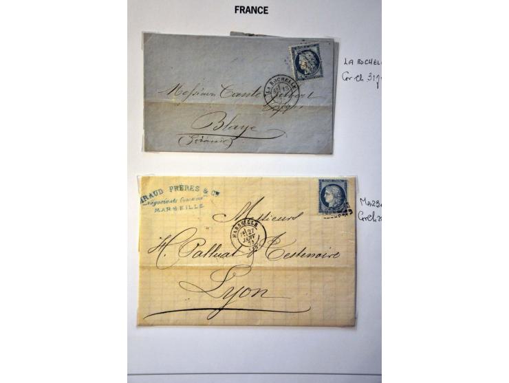 40 poststukken met 25 centimes Yv. nr. 60B (blauw driehoekje rechtsboven) w.b. plaatfouten en stempels op bladen
