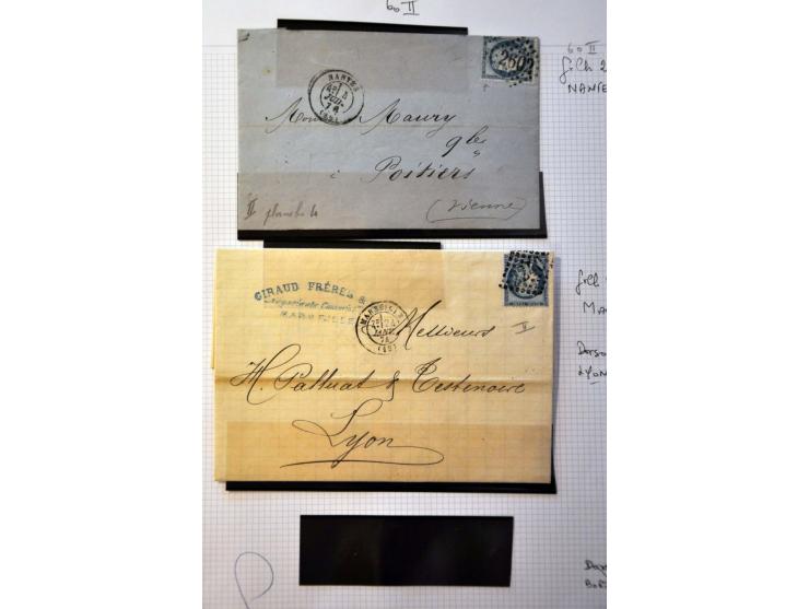 40 poststukken met 25 centimes Yv. nr. 60B (blauw driehoekje rechtsboven) w.b. plaatfouten en stempels op bladen
