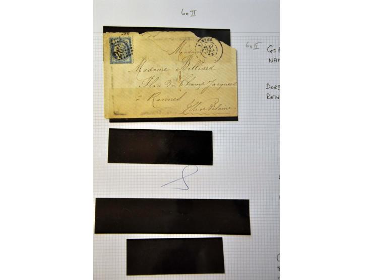 40 poststukken met 25 centimes Yv. nr. 60B (blauw driehoekje rechtsboven) w.b. plaatfouten en stempels op bladen
