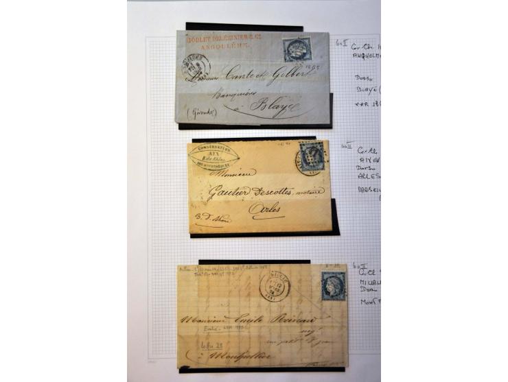 40 poststukken met 25 centimes Yv. nr. 60B (blauw driehoekje rechtsboven) w.b. plaatfouten en stempels op bladen