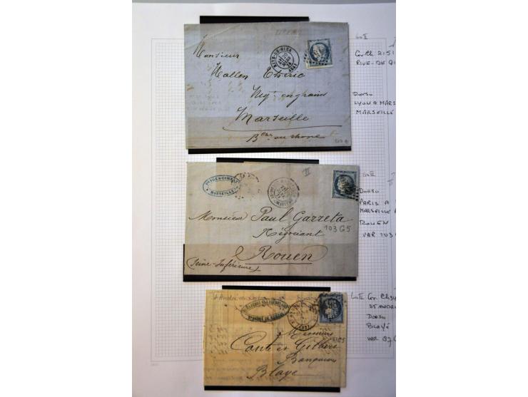 40 poststukken met 25 centimes Yv. nr. 60B (blauw driehoekje rechtsboven) w.b. plaatfouten en stempels op bladen