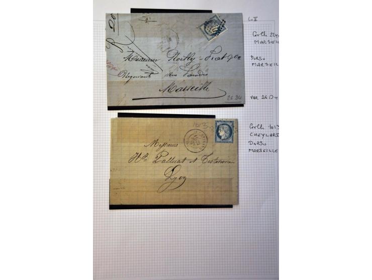 40 poststukken met 25 centimes Yv. nr. 60B (blauw driehoekje rechtsboven) w.b. plaatfouten en stempels op bladen