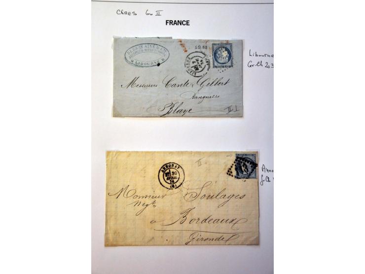 40 poststukken met 25 centimes Yv. nr. 60B (blauw driehoekje rechtsboven) w.b. plaatfouten en stempels op bladen