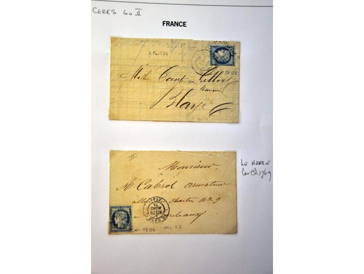 40 poststukken met 25 centimes Yv. nr. 60B (blauw driehoekje rechtsboven) w.b. plaatfouten en stempels op bladen