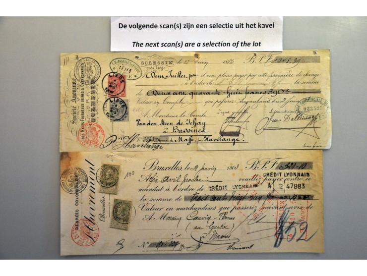 800 kwitanties ca. 1885-1920 met 10, 20, 25, 30, 40, 50, 60 en 70 cent. en 1 frc. frankering, veel geïllustreerd (doubletten)