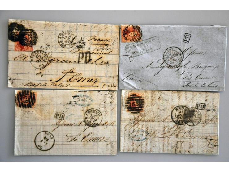 ruim 260 post- en postwaardestukken tot ca.1930 w.b. voorfilatelie, ongetand (o.a. 14x met 40 cent.), 5 briefkaarten. naar Po
