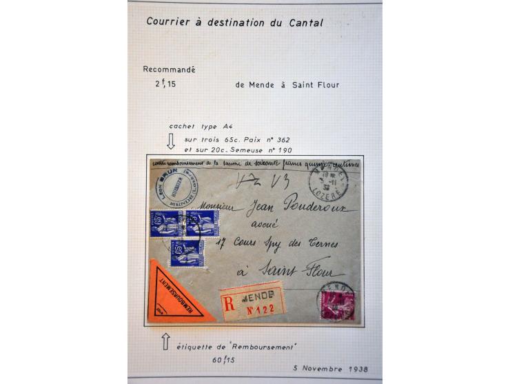 44 poststukken 1767-ca.1945 naar de Cantal w.b. gefrankeerde kranten, aangetekend, chargé brieven (w.b. fr.2,15 frankering), 