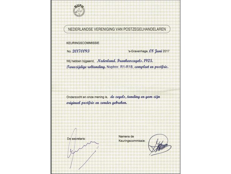 Tweezijdig zonder watermerk 1 t/m 60 cent met certificaat NVPH 2017, nr. R14 origineel zwart spikkeltje in gom, cat.w. 1565