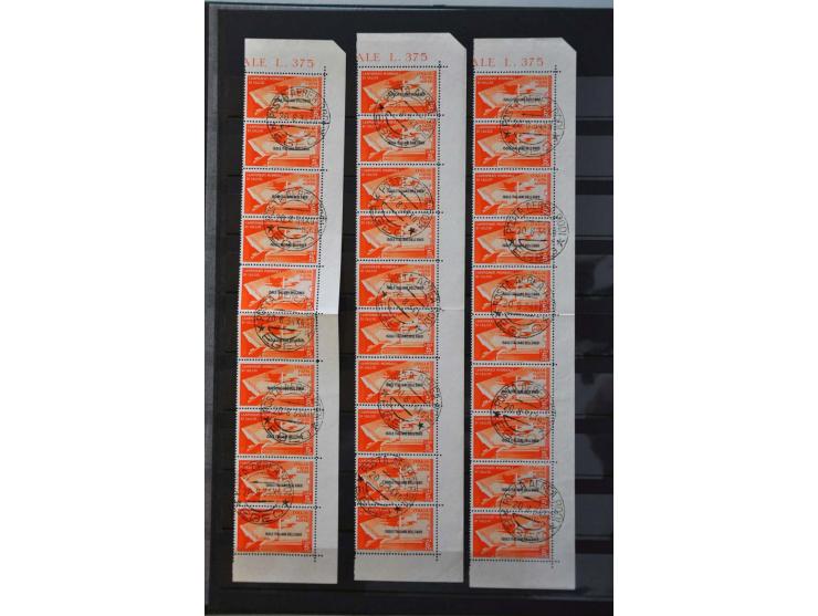 Italiaanse bezetting, voorraad voetbal serie 1934 in strippen van 10 (onderzijde vellen) gestempeld, met certificaten, incomp
