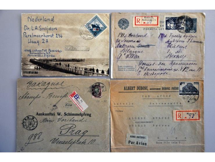 post(waarde)stukken, ca. 170 ex. tot ca. 1940 w.b. aangetekend, betere frankeringen, inkomende post etc. in doosje