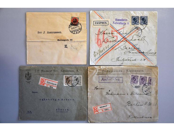 ca. 120 post(waarde)stukken w.b. betere frankeringen, censuur en Deens West-Indië (o.a. prentbriefkaarten) in doosje