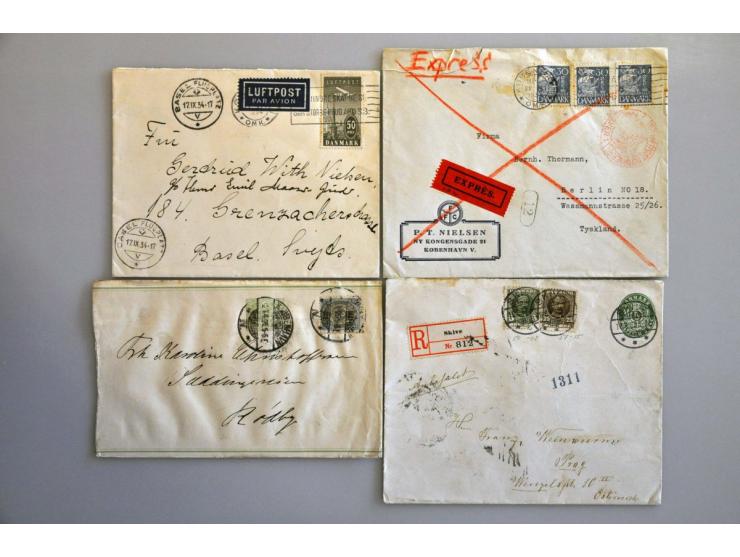 ca. 120 post(waarde)stukken w.b. betere frankeringen, censuur en Deens West-Indië (o.a. prentbriefkaarten) in doosje
