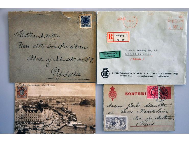 ca. 200 post(waarde)stukken w.b. aangetekend, censuur, veldpost, vroege fdc's etc. in doosje