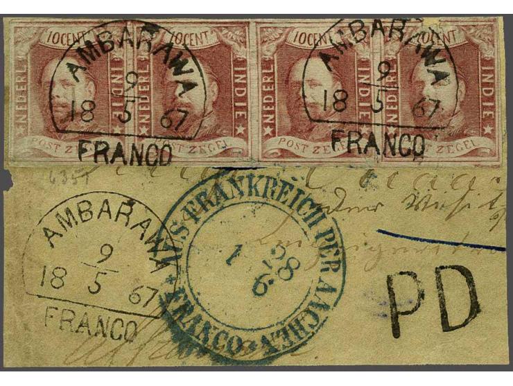 10 cent wijnrood in strip van 4 met halfrond-francostempel Ambarawa (Voerman 175) op fragment, rechter ex. beschadigd